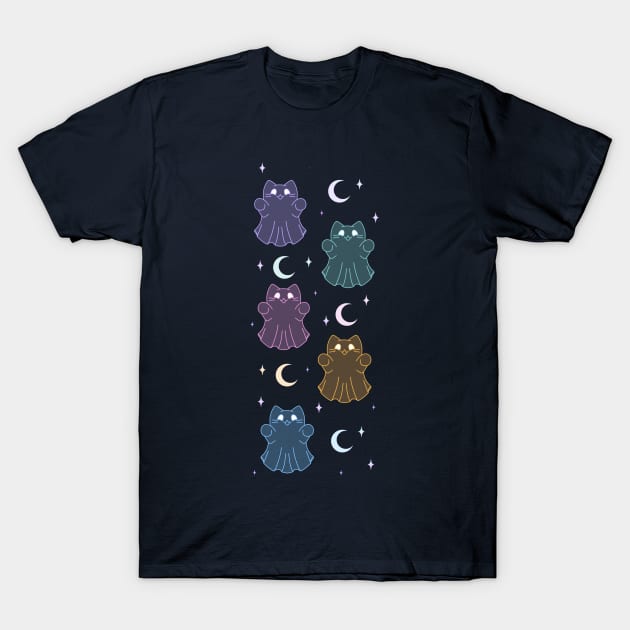 Pastel Kawaii Halloween Ghost Cat with Moons T-Shirt by SupernovaAda